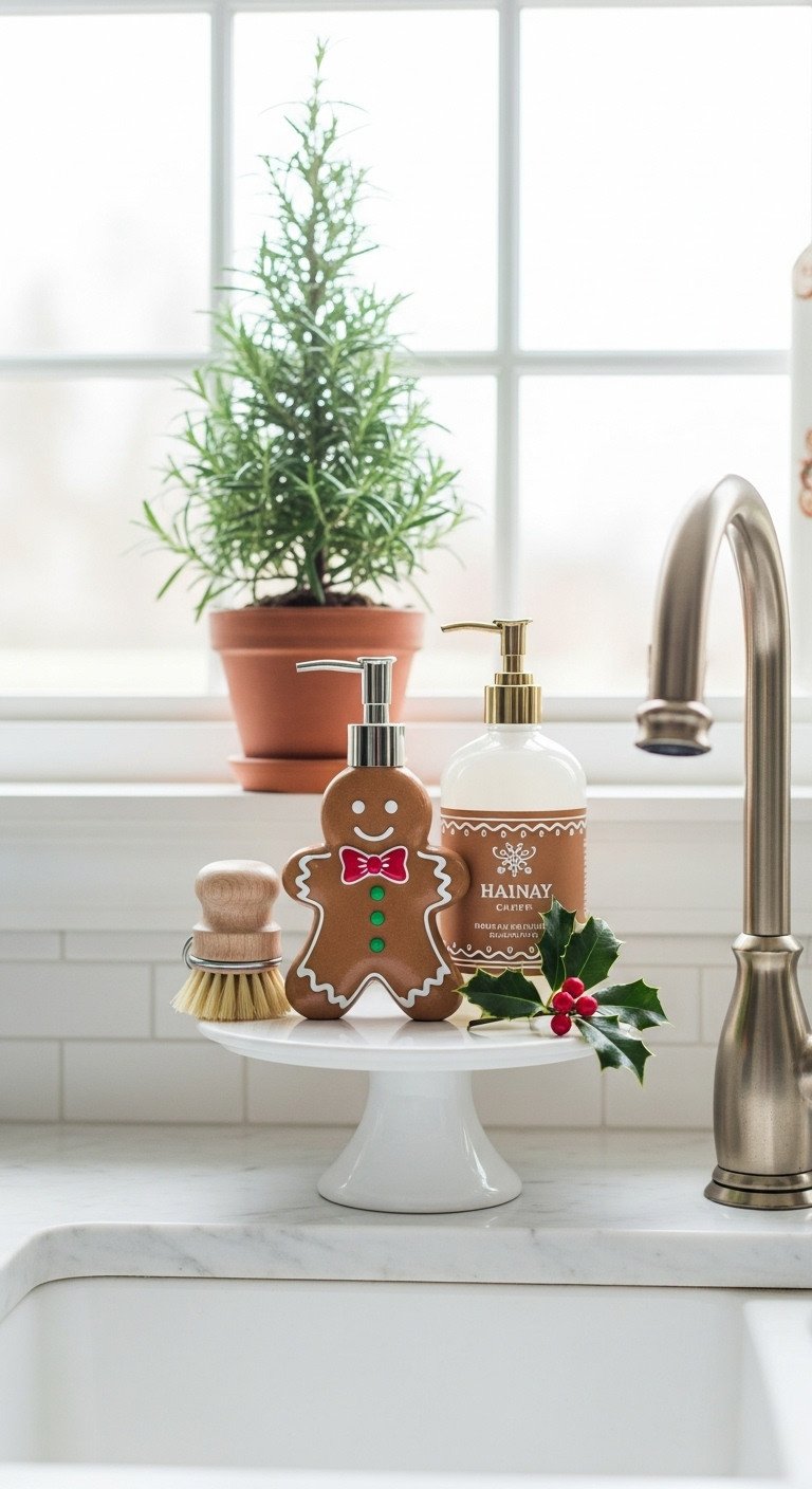 Festive kitchen sink area with gingerbread themed soap dispenser and holly sprig on a cake stand