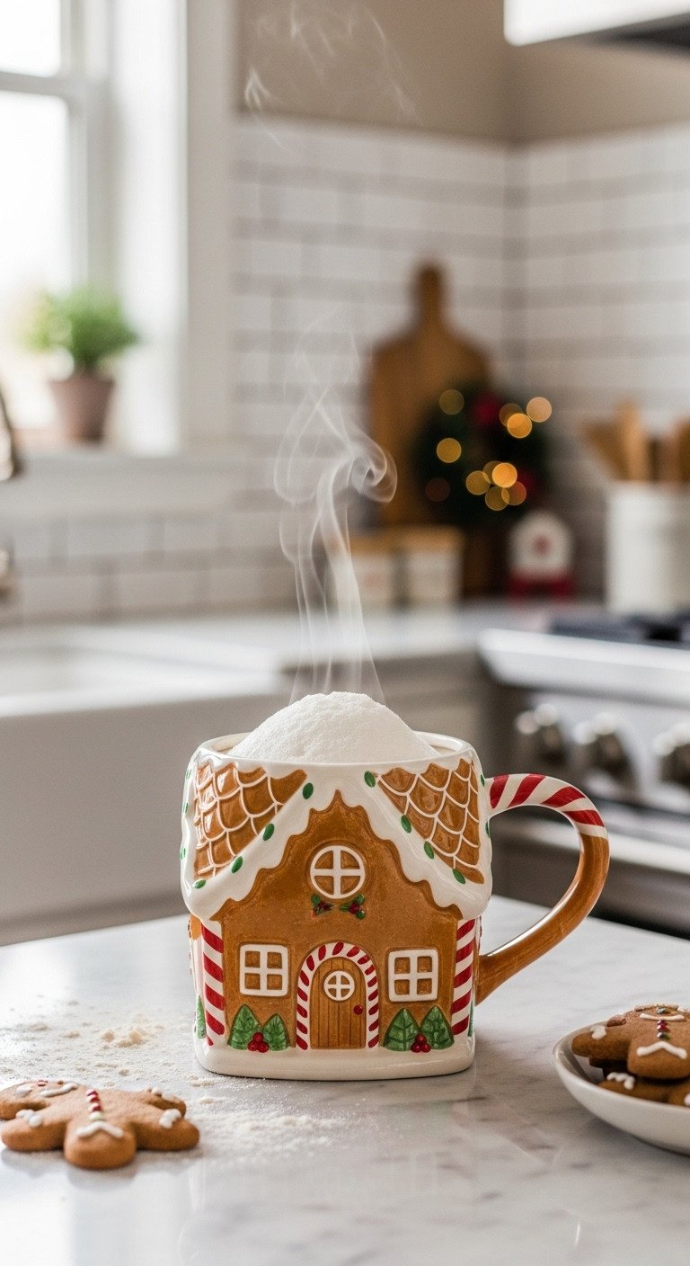 Festive kitchen with a hand-painted ceramic gingerbread house mug steaming on a marble countertop with cookies nearby