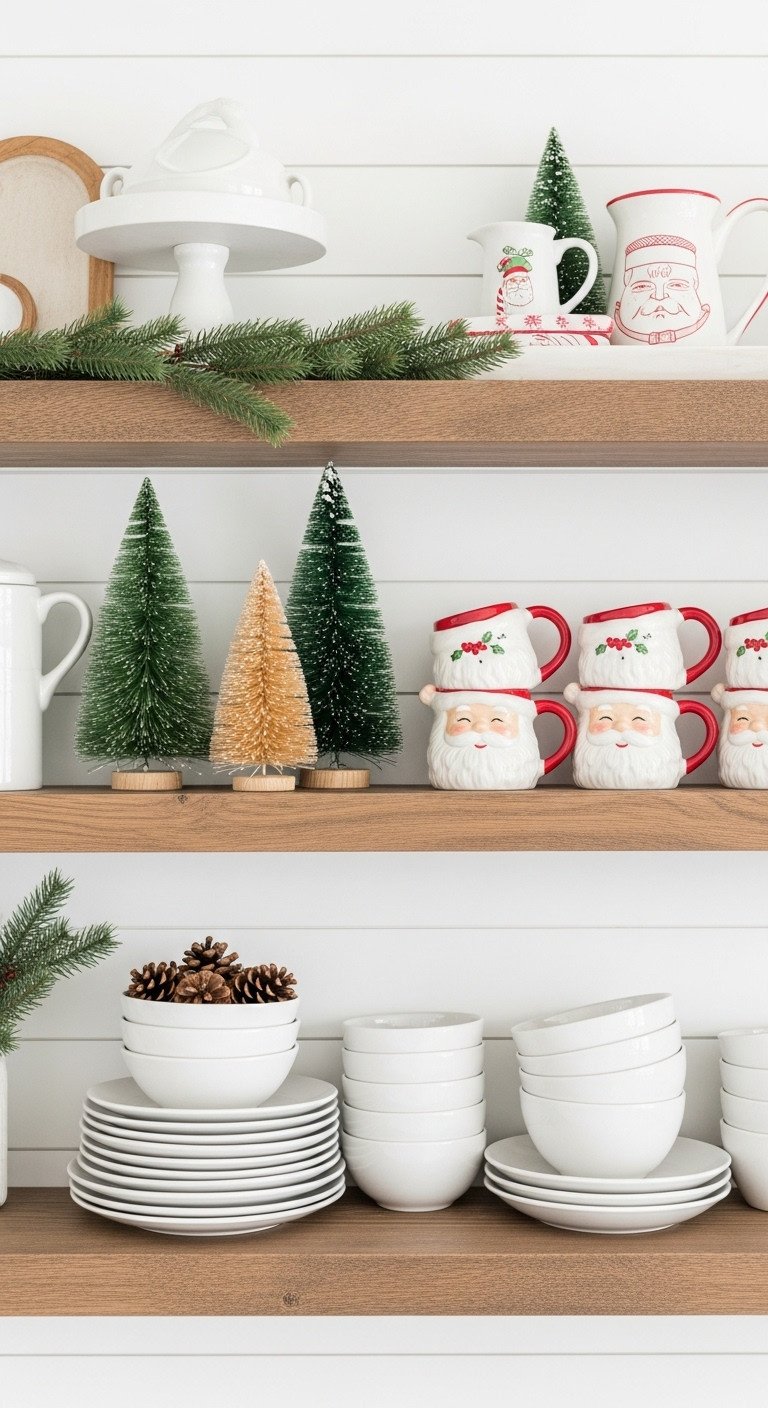 Festive open kitchen shelves decorated for Christmas with bottlebrush trees vintage Santa mugs and stacked dishes