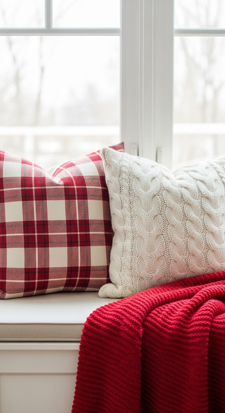 Festive red and white plaid and cable-knit pillows on a kitchen window seat with a chunky red throw blanket