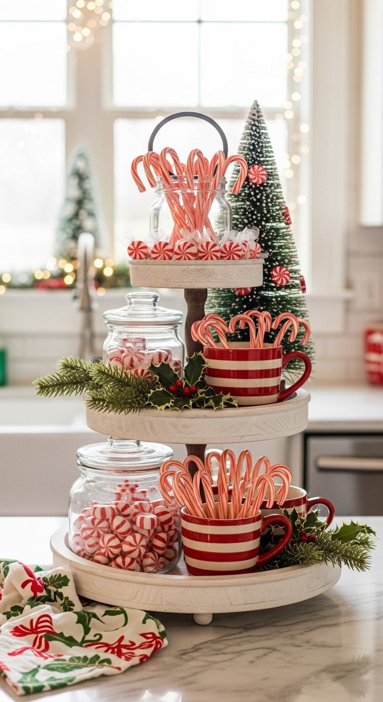 Festive tiered tray with mini candy canes, peppermint, mugs, frosted evergreen, and holly on a marble kitchen countertop.