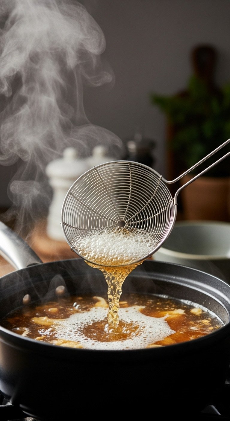 Fine mesh skimmer lifting foam from simmering dashi broth in a dark pot