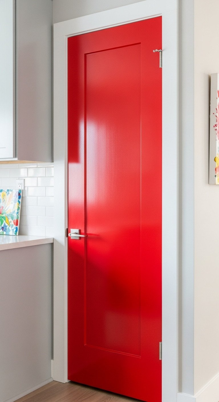 9 Red Apartment Kitchen Ideas That Look Open And Bright 17 Fire engine red kitchen door, silver handle. Light grey walls, white trim. Bold home style.