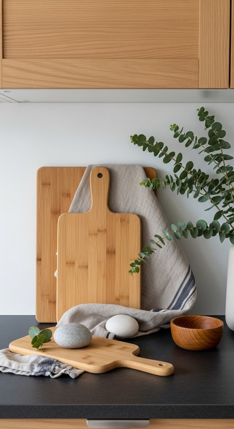 Flat lay of bamboo cutting board linen tea towel river stone and wooden bowl on slate countertop
