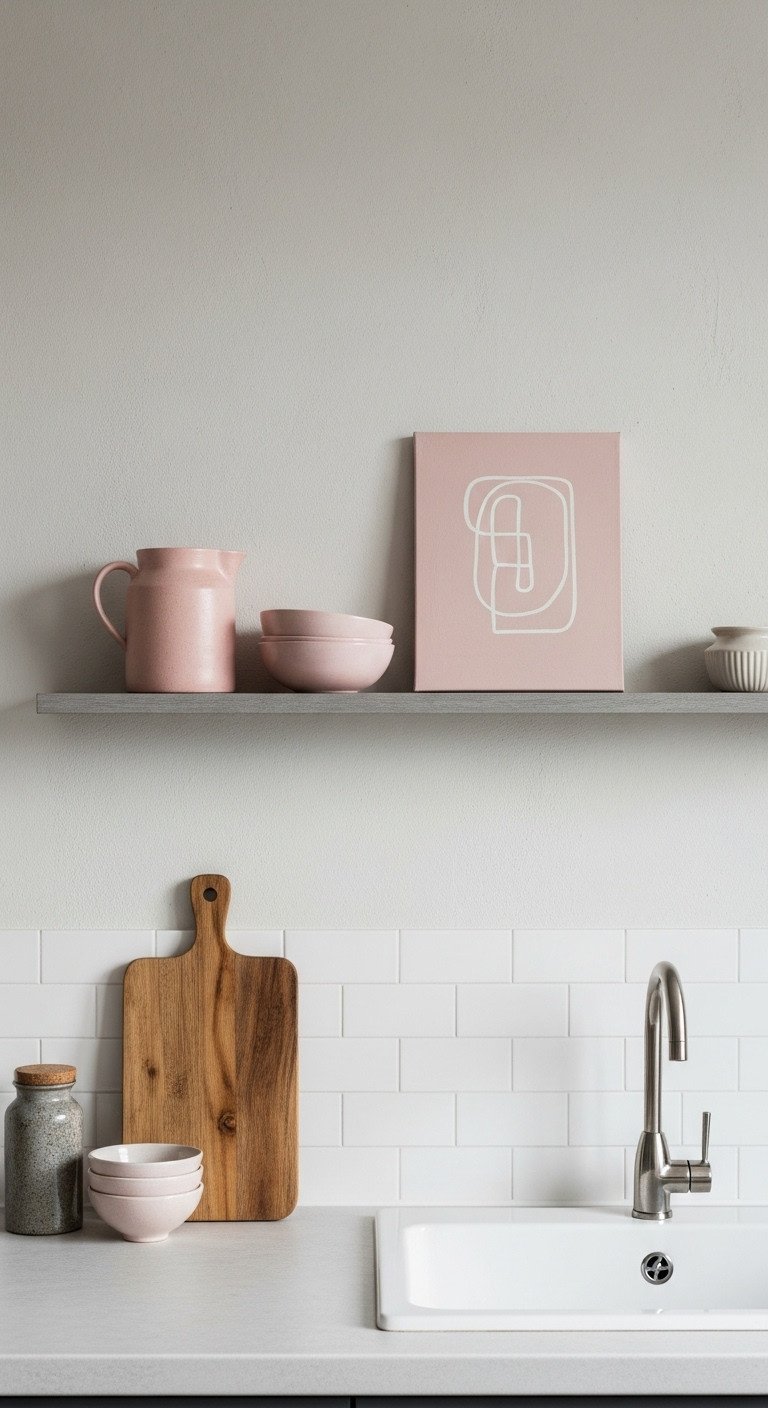 Floating shelf with handmade pottery and abstract art for intentional decor in a Japanese kitchen