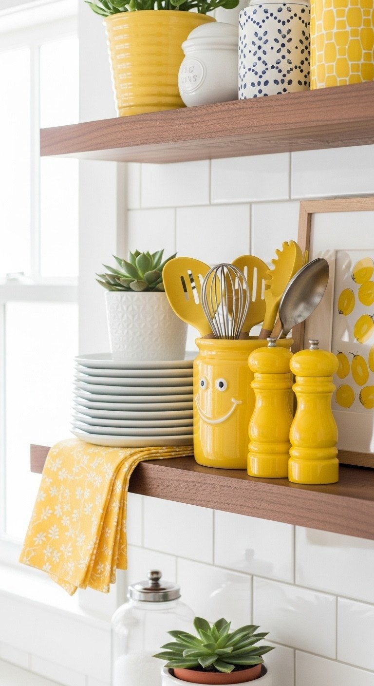 Floating wooden kitchen shelf with yellow ceramic utensil crock, white plates, succulent. Yellow accents home decor.