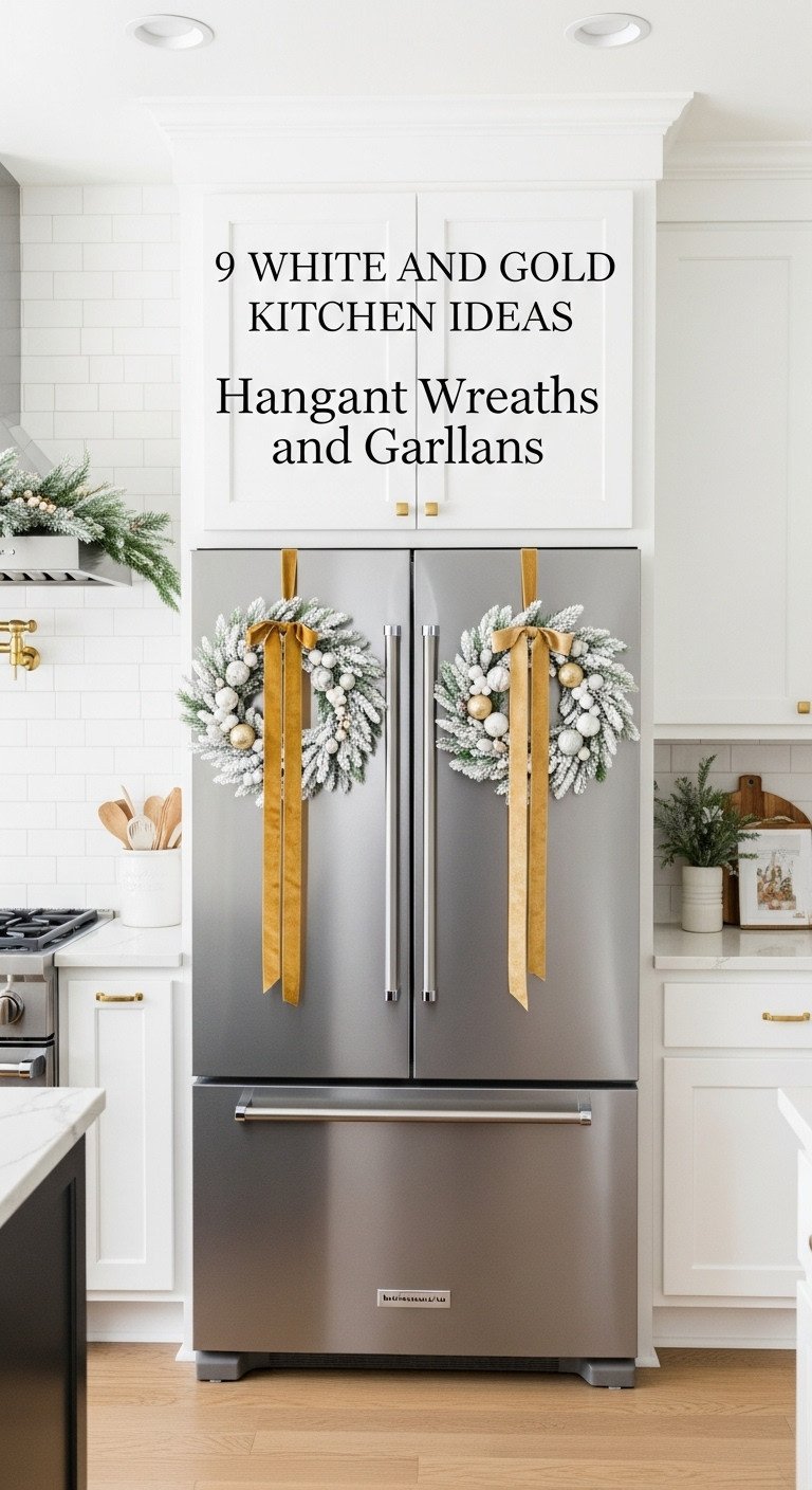 Flocked wreaths with white and gold ornaments hung with gold velvet ribbon on white kitchen cabinets and fridge
