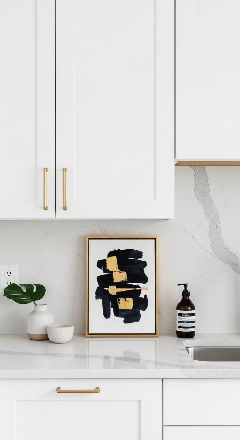 Framed black and gold abstract art on white quartz countertop in a minimalist kitchen, enhancing modern decor with subtle light.