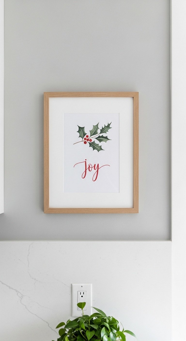 Framed minimalist Christmas art with red holly and the word Joy on a neutral kitchen wall