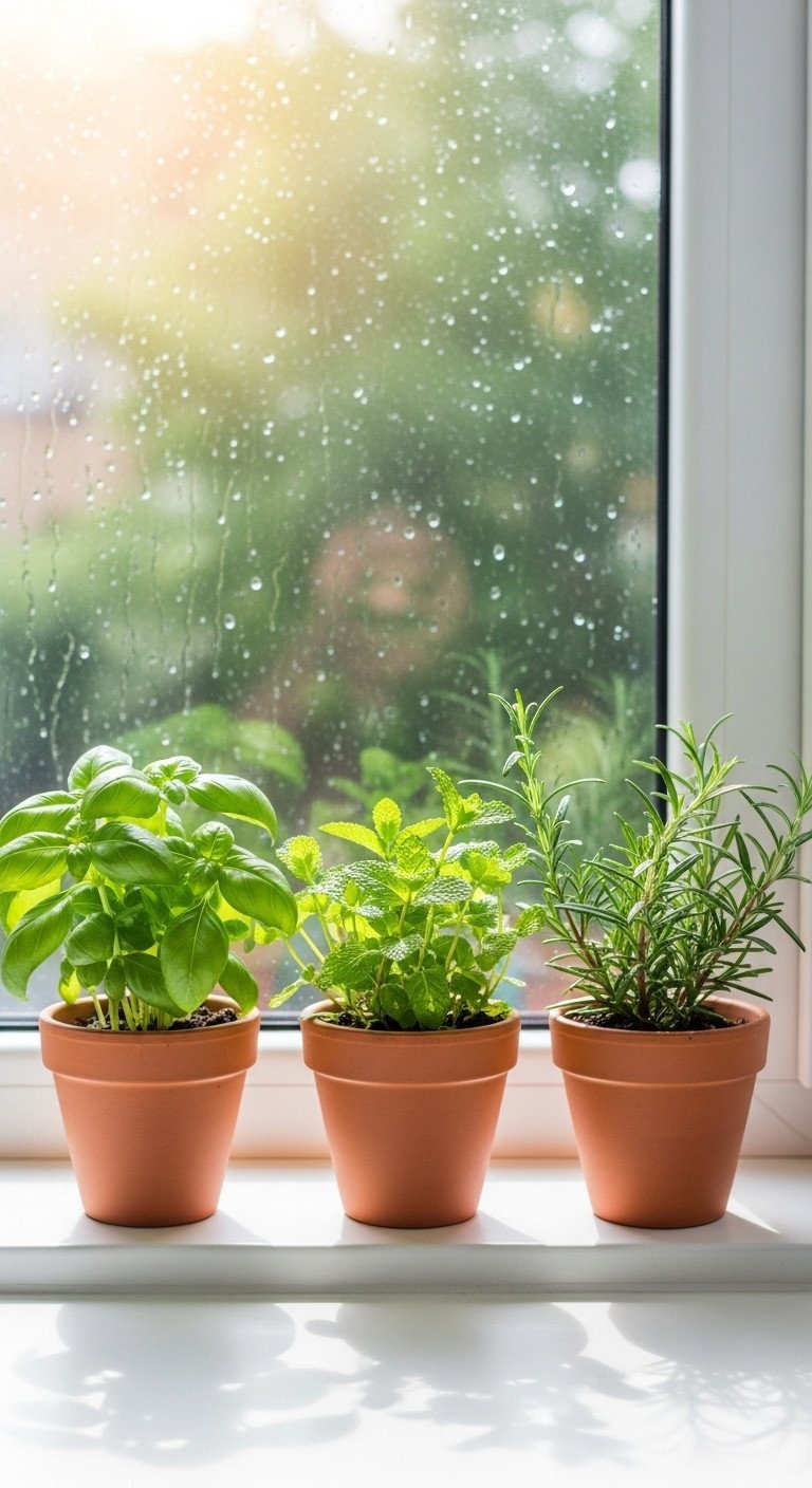 Fresh basil, mint, and rosemary in terracotta pots on a sunny kitchen windowsill, perfect for a vibrant home herb garden.