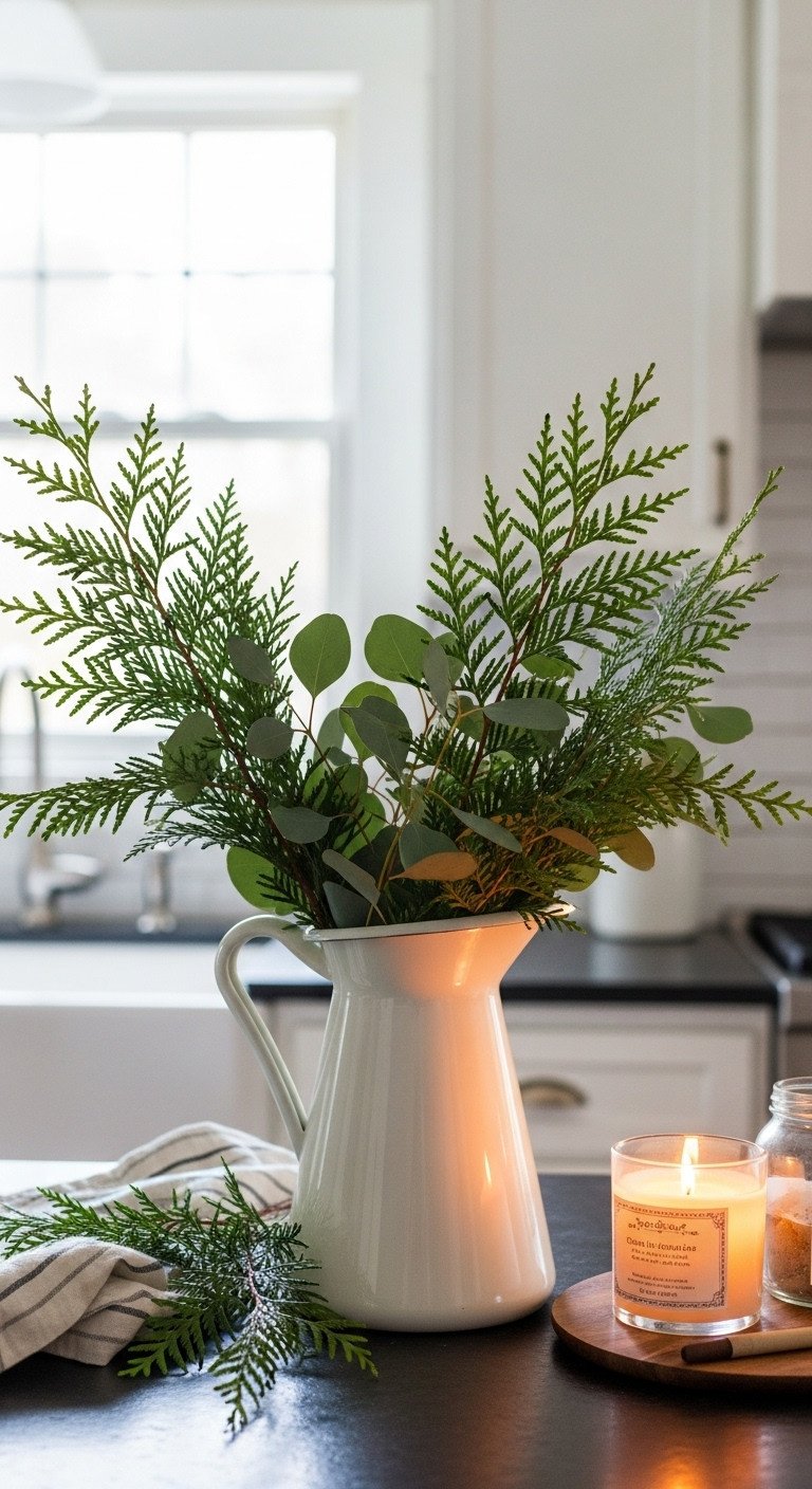 Fresh cedar and eucalyptus stems in a vintage white ceramic pitcher on a kitchen counter