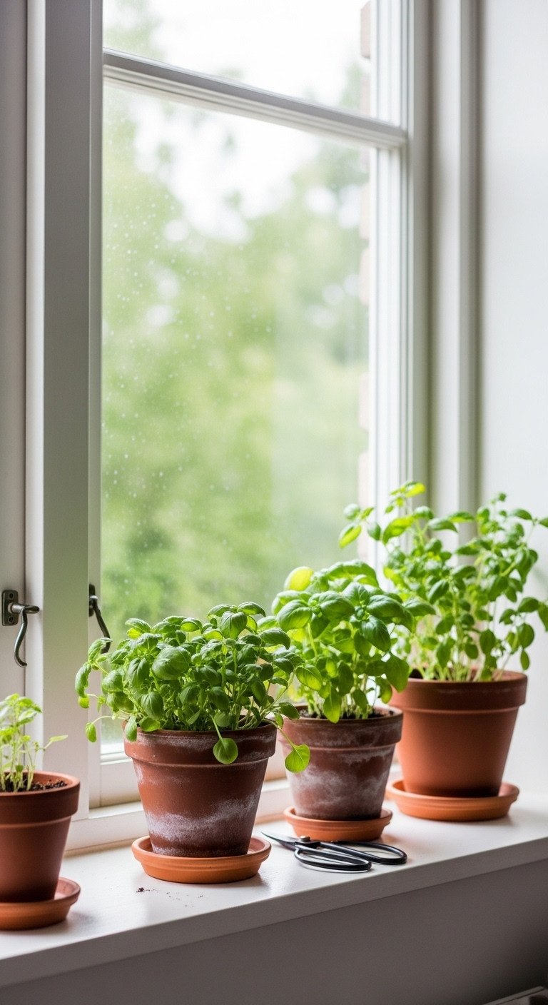 How To Make A Kitchen Cozy A Simple Method For Apartments 16 Fresh herbs in terracotta pots on a white kitchen windowsill with water droplets, garden shears. Bright indoor plant decor.