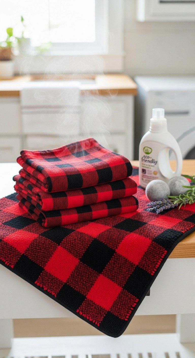 Freshly laundered red & black buffalo plaid kitchen towels & rug. Laundry care with eco-friendly detergent & lavender.