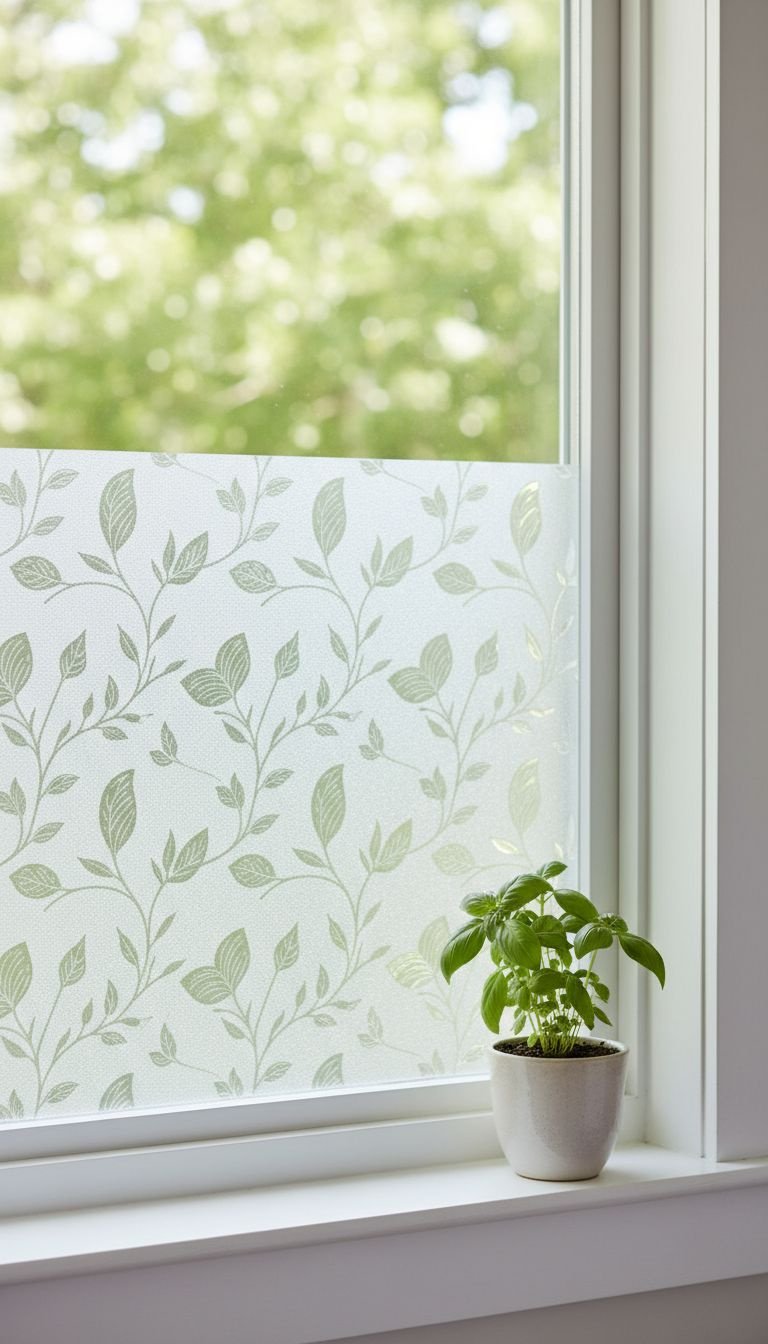 Frosted decorative window film on a kitchen window for privacy. Diffused light, potted basil on the windowsill.