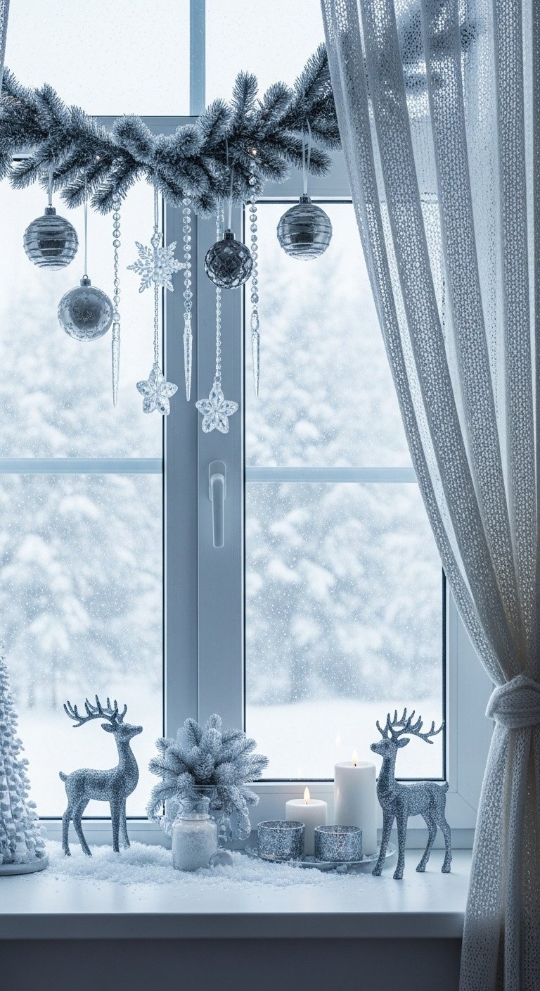Frosty kitchen window wonderland: white/silver icicle lights, frosted garlands, shimmering ornaments, elegant reindeer, and LED candles on sill.
