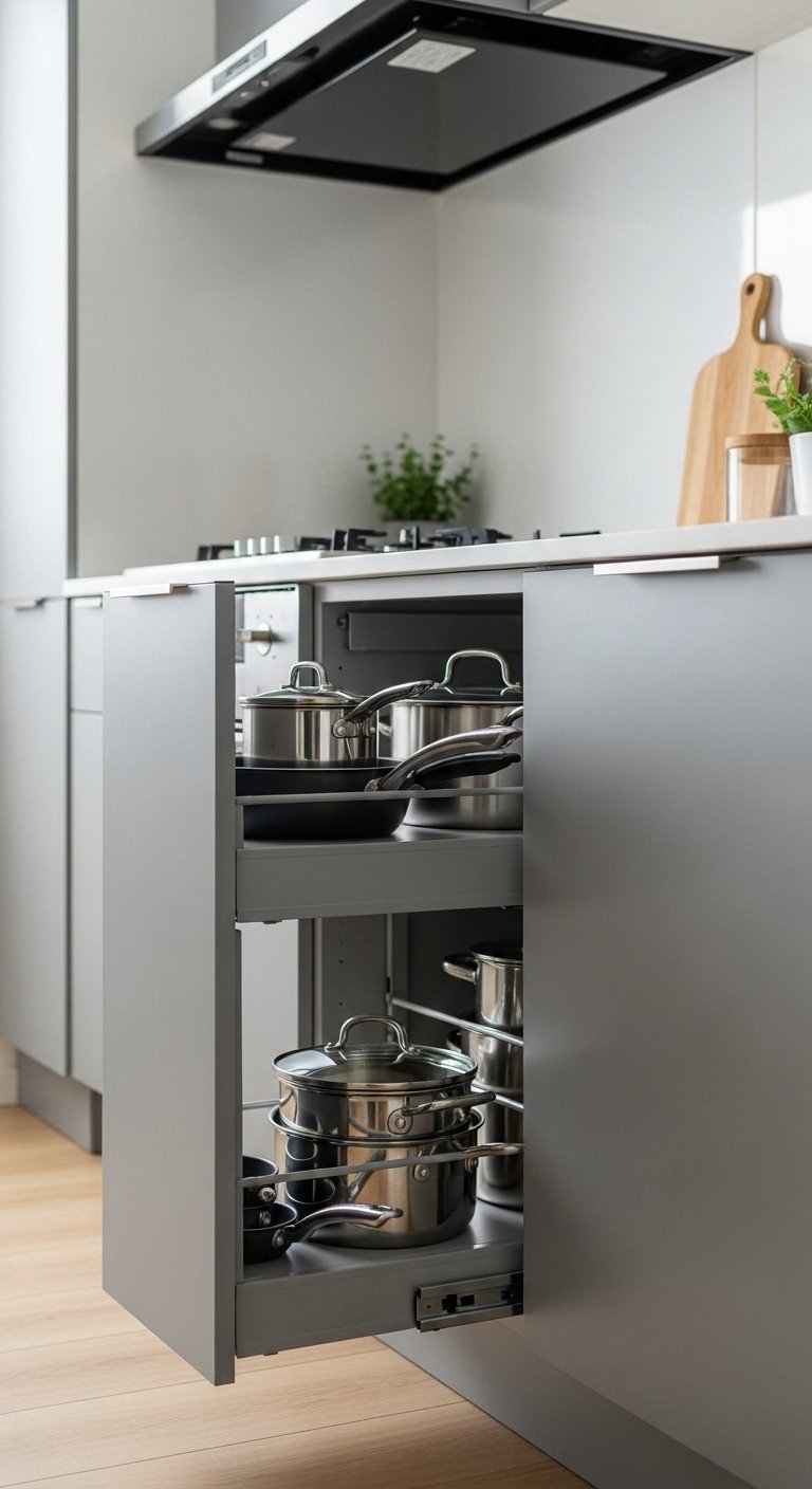 Functional Japanese kitchen with hidden storage revealing neatly arranged pots and pans in a pull-out organizer