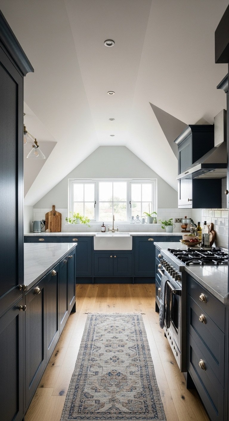 Functional galley attic kitchen with parallel navy blue cabinets, sink under dormer window, cooktop, downdraft vent. Light wood floor, runner rug.