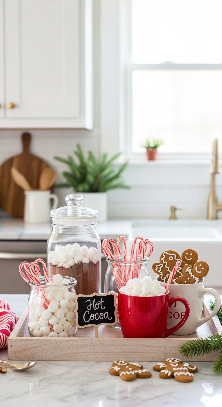 Gingerbread hot cocoa bar with festive mugs, marshmallows, candy canes, cookies on a light wooden tray, perfect for Christmas.