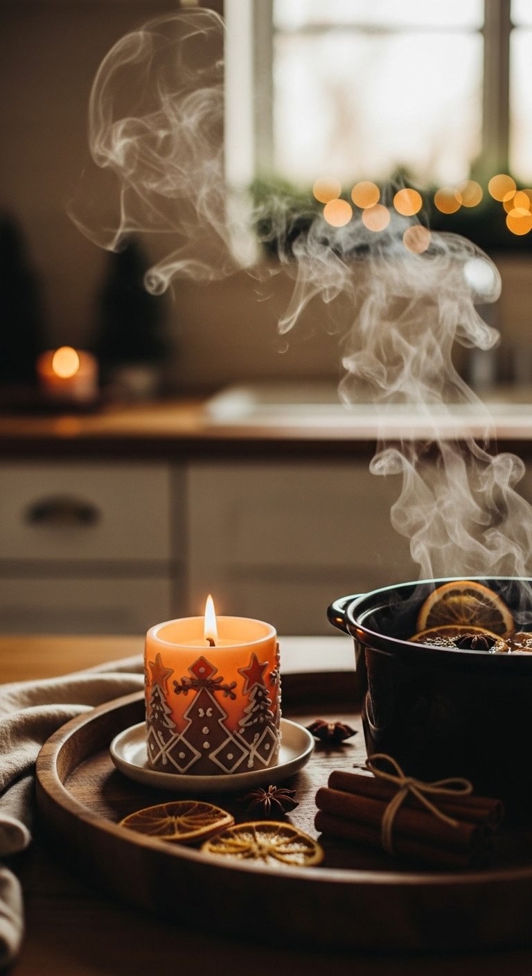 Gingerbread-scented candle with cinnamon sticks and orange slices on a dark wooden tray, creating a warm, festive kitchen aroma.