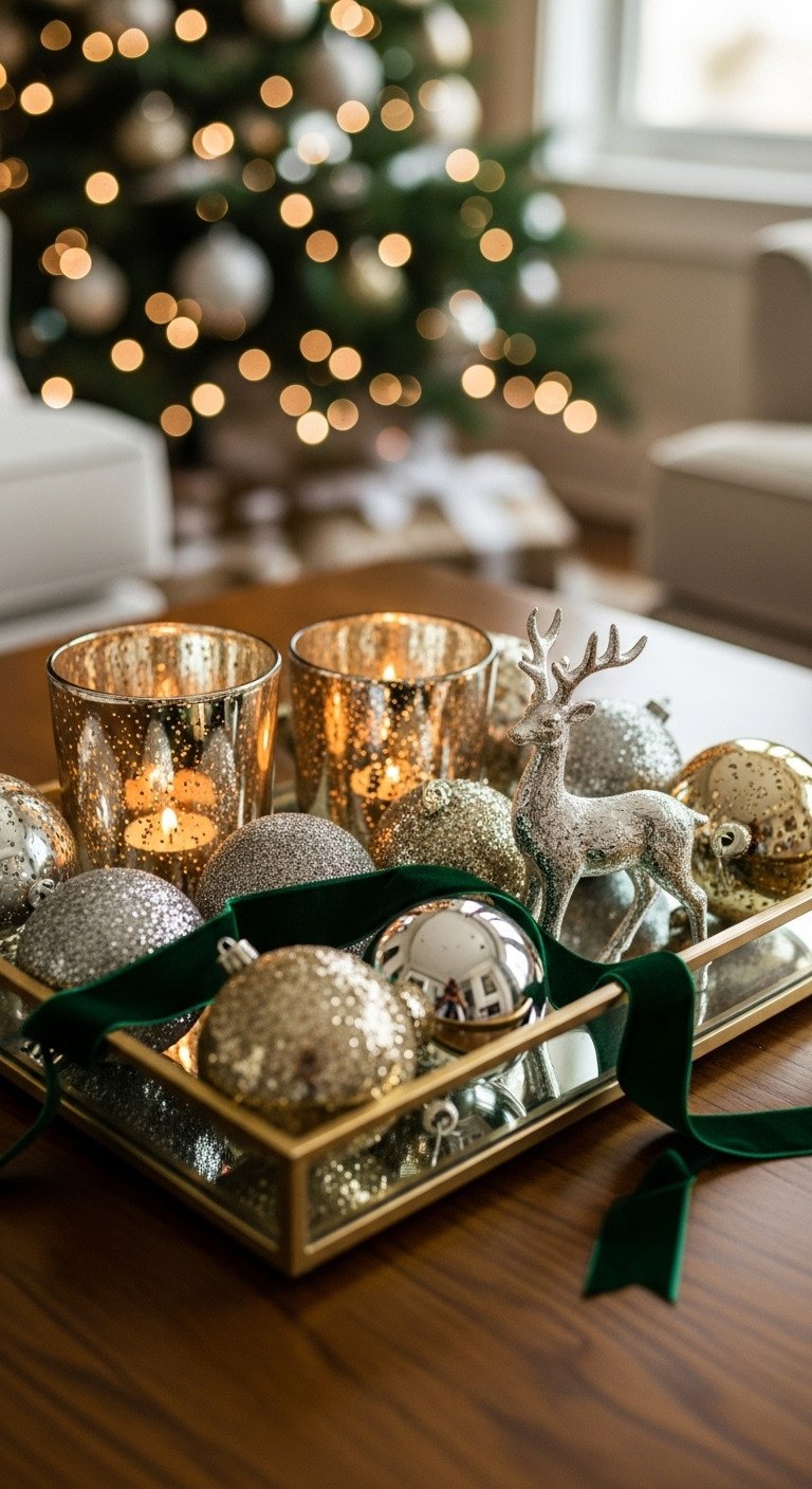 Glamorous Christmas decor with shimmering metallic tray gold silver ornaments mercury glass candles and reindeer figurine