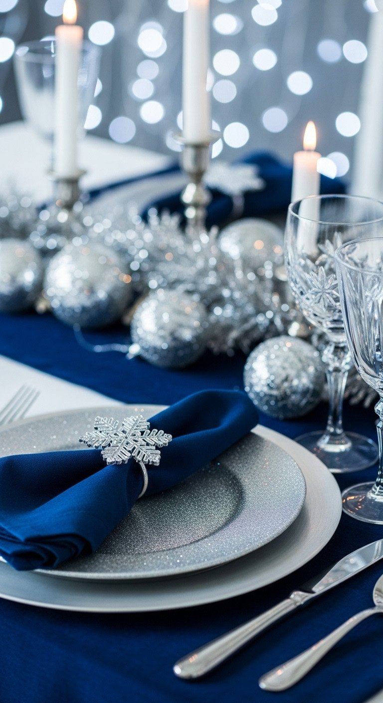 Christmas Table Decor Ideas To Inspire Every Style 11 Glamorous blue silver frosted Christmas table with shimmering place setting, snowflake napkin ring, crystal glass, blue velvet runner.