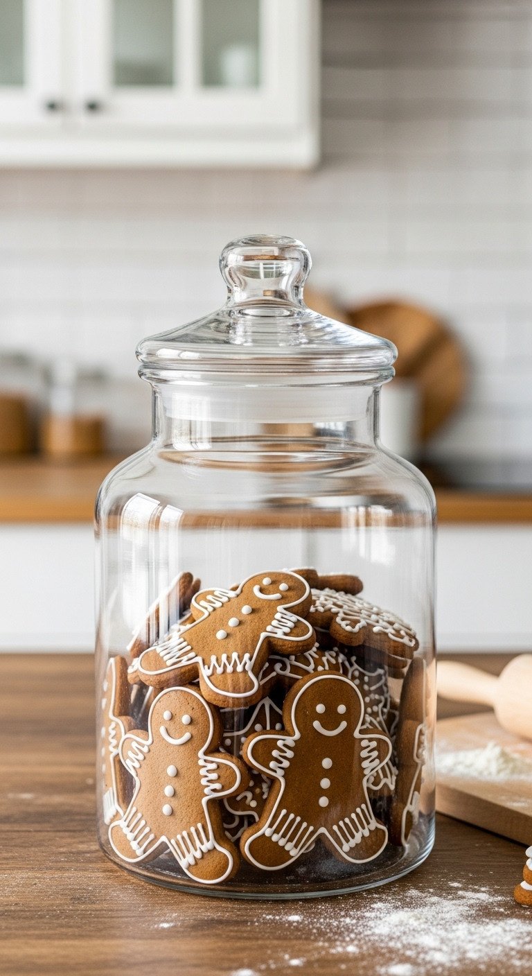 11 Cozy Christmas Kitchen Ideas That Feel Truly Magical 14 Glass apothecary jar of white-iced gingerbread men cookies on rustic wood. Baking scene with rolling pin, flour.