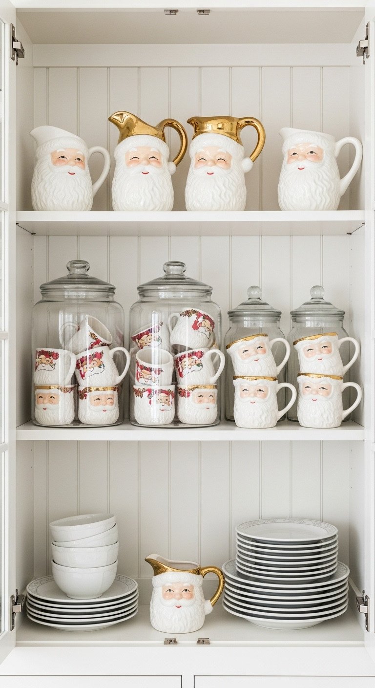 Glass cabinets displaying clear canisters filled with vintage white and gold Santa mugs and pitchers