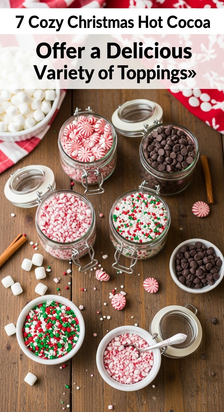 Glass candy jars filled with colorful hot cocoa toppings on a rustic wooden table