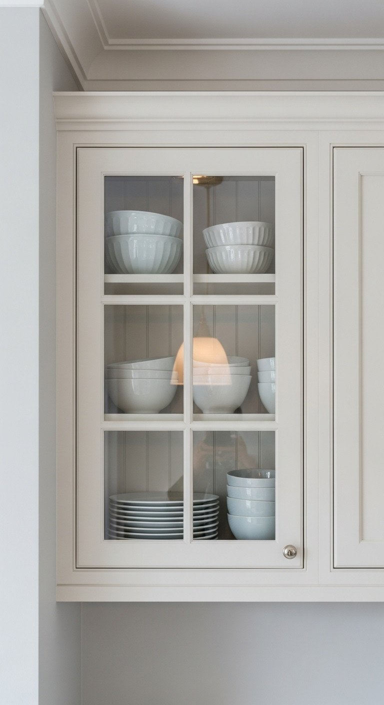 Glass-front kitchen cabinet showcasing neatly stacked white and pale blue ceramic dishes in an off-white kitchen.
