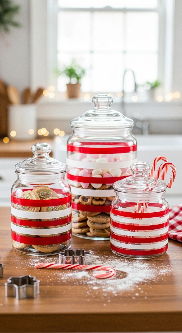 Glass jars with candy cane stripes, filled with Christmas cookies, marshmallows, and candy canes on a wooden counter.
