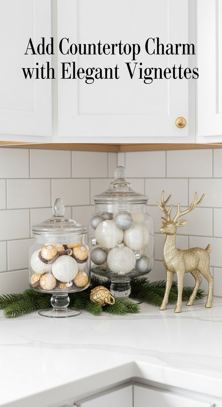 Glass jars with gold chocolates and white ornaments and a glittery deer on a white kitchen countertop