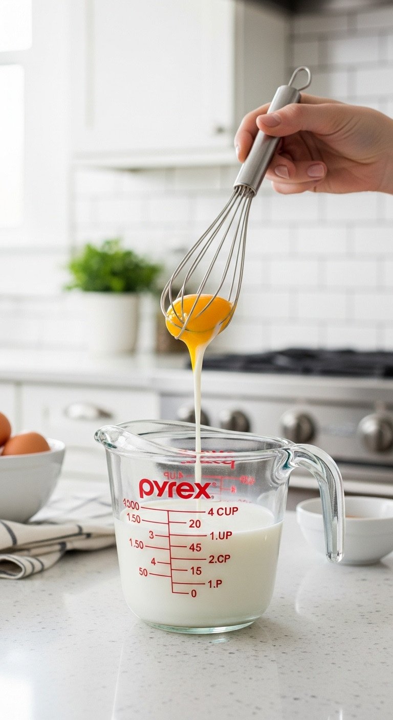 Glass liquid measuring cup filled with milk on a granite countertop with baking ingredients