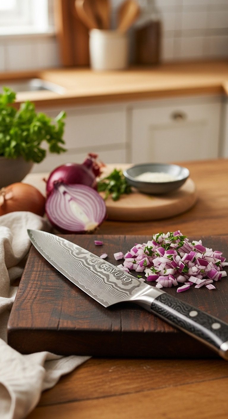 Gleaming Damascus steel Gyuto knife on a dark wooden cutting board next to finely diced red onions and fresh herbs