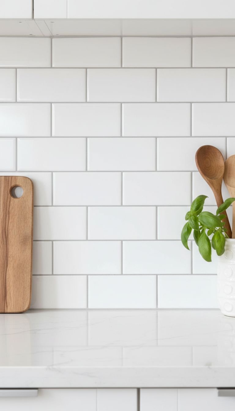 Brilliant Budget Apartment Kitchen Ideas That Look Expensive 3 Gleaming white subway peel-and-stick tile backsplash with realistic grout lines. Modern, clean kitchen focal point for DIY kitchen updates.