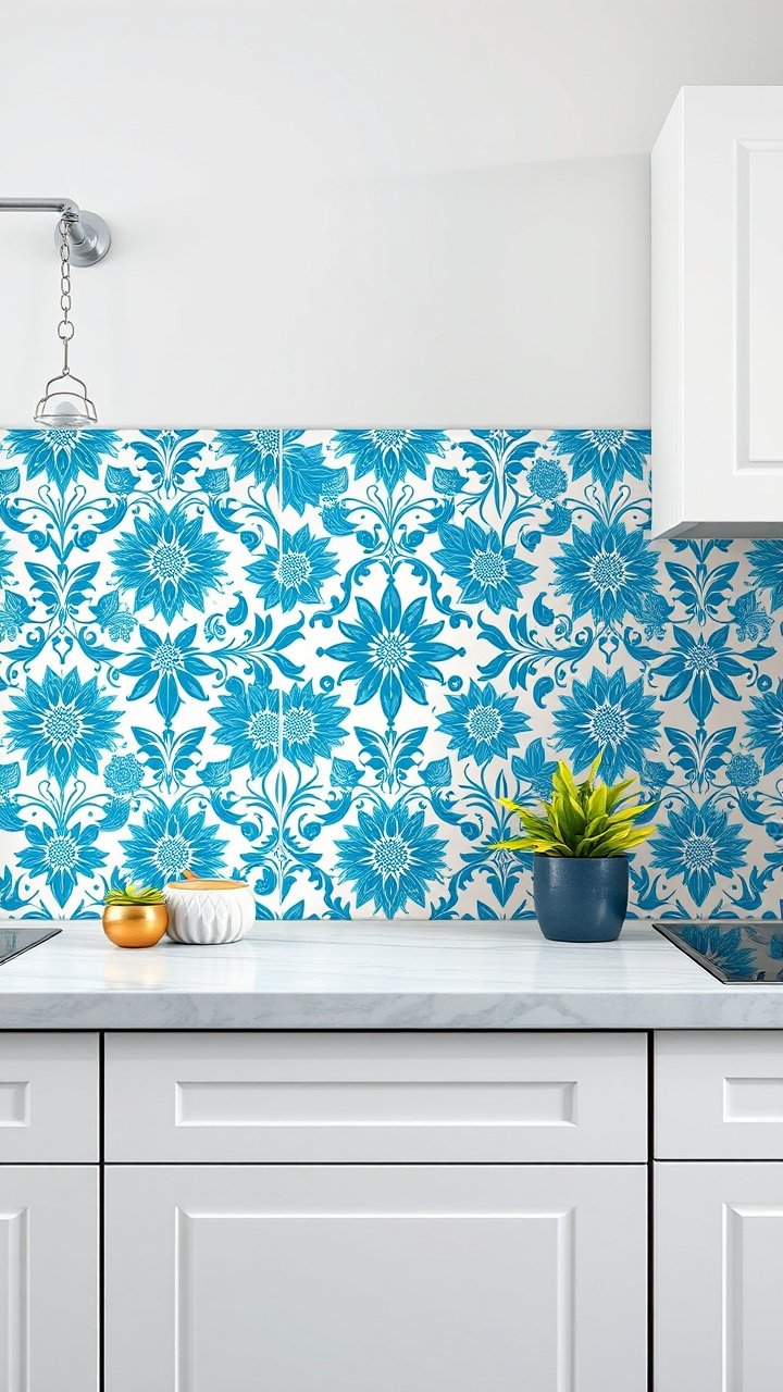 Glossy 3D grey and white marble-effect hexagon gel tile backsplash in a sophisticated kitchen with a white quartz counter.