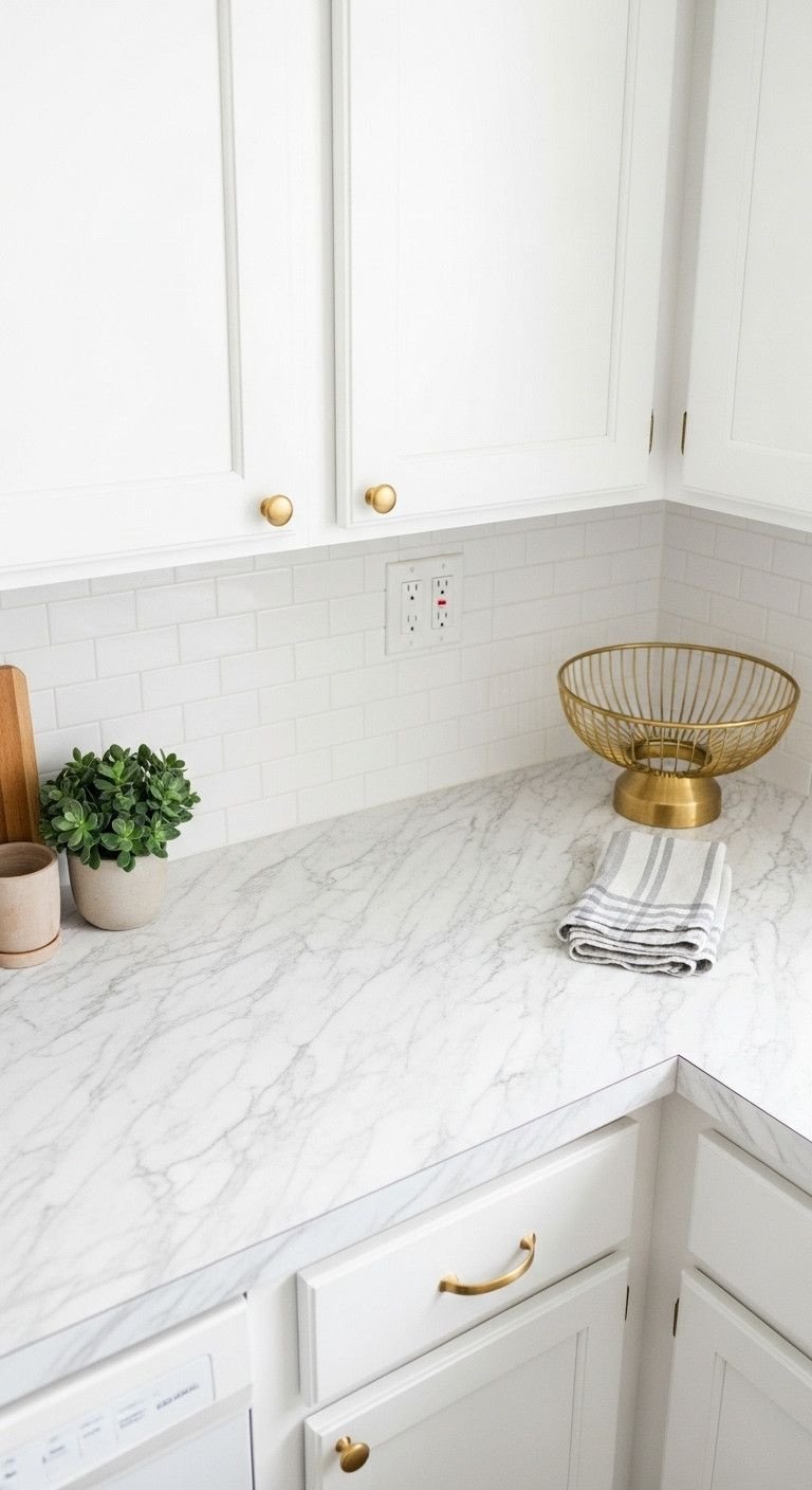 Glossy white marble contact paper with subtle gray veining updates a kitchen countertop, adorned with a succulent and gold fruit basket.