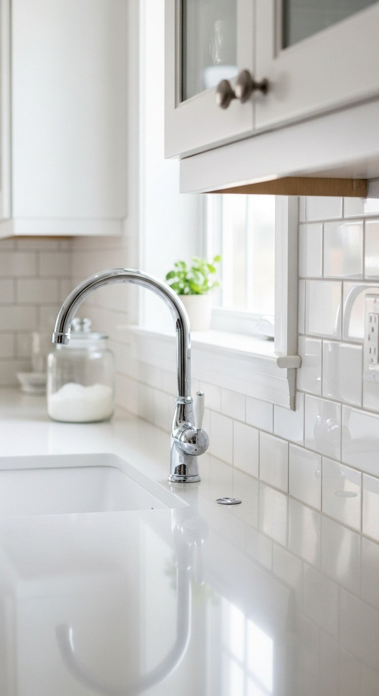 Glossy white subway tile backsplash reflecting light. Chrome faucet, glass jar. Bright, airy modern kitchen.