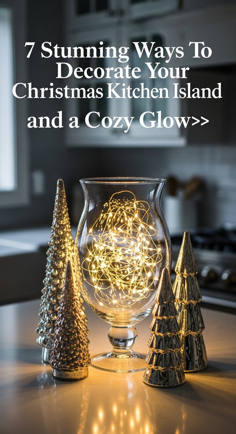 Glowing Christmas kitchen island decor with fairy lights in hurricane vase and mercury glass trees at dusk