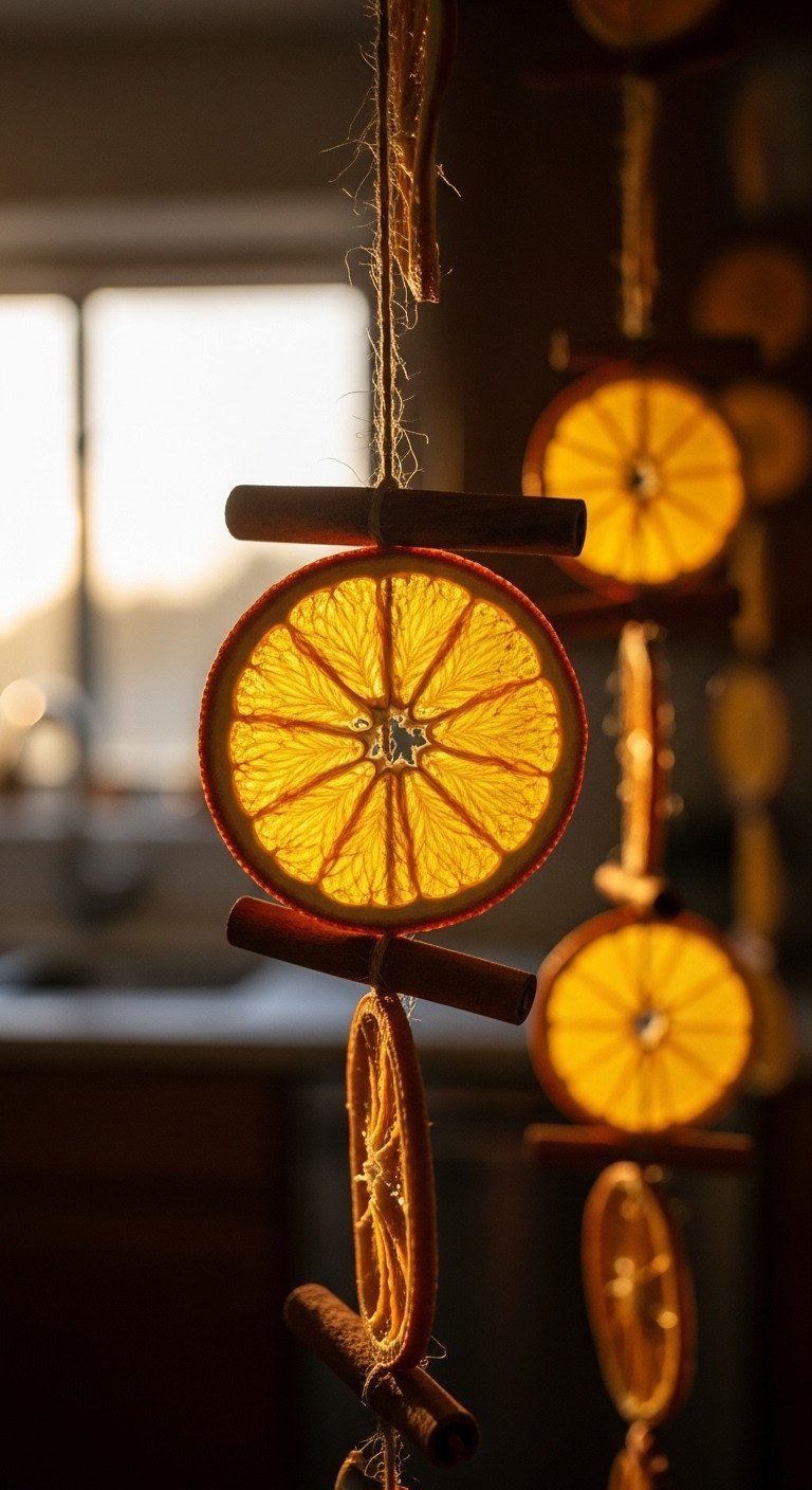 Glowing dried orange and cinnamon stick garland on jute twine, backlit by warm light. Rustic kitchen decor.