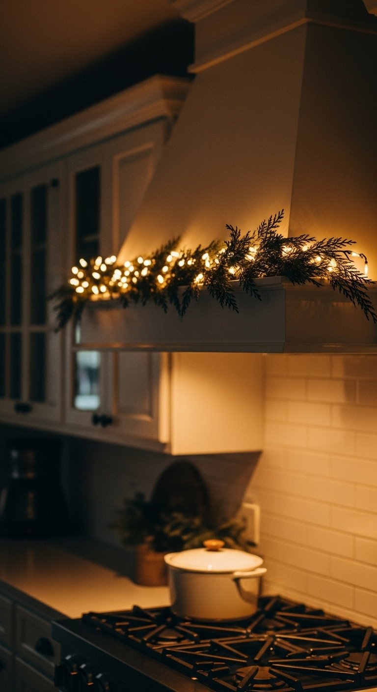 Glowing fairy lights woven through a cedar garland on a kitchen range hood at dusk
