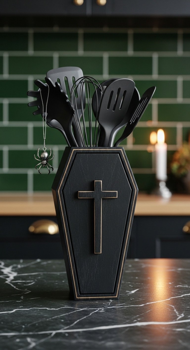 Gothic matte black wooden coffin shaped utensil holder filled with black and silver kitchen utensils