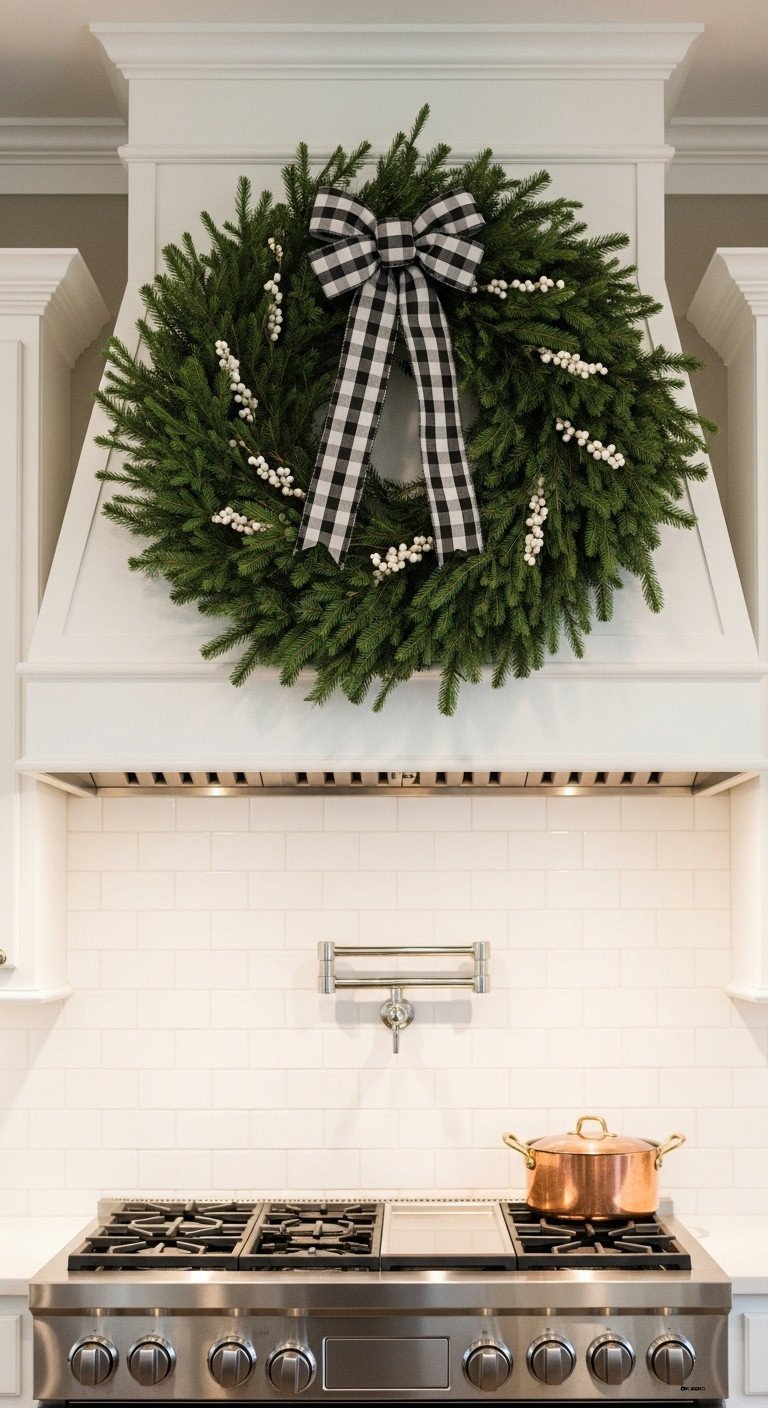 Grand Christmas kitchen with large evergreen wreath white berries and buffalo check ribbon on a white wood-paneled range hood