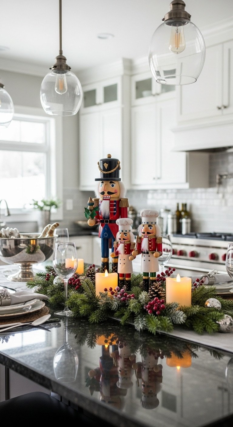 Grand kitchen island centerpiece with soldier and chef nutcrackers, lush pine garland, flickering LED candles, and frosted cranberries. Elegant Christmas decor.