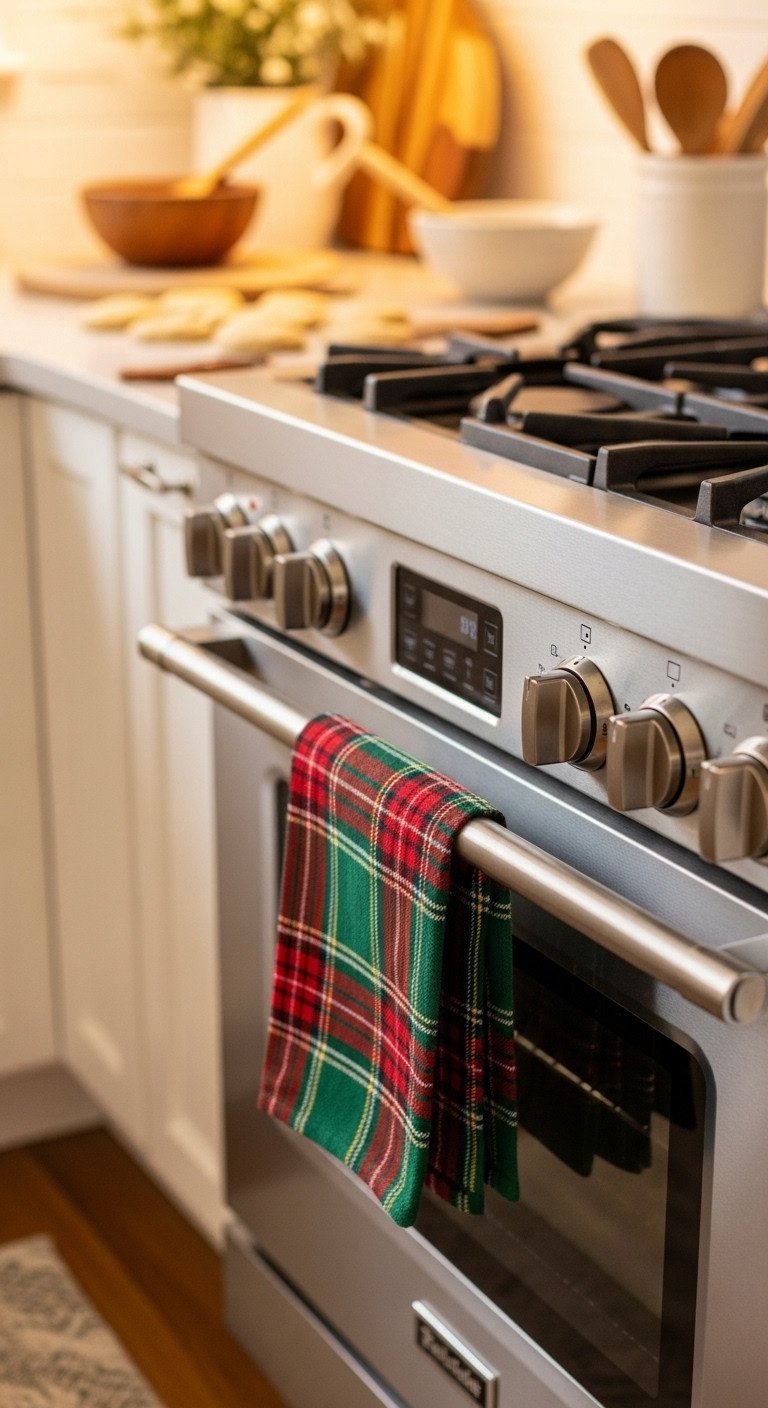 Green and red plaid Christmas tea towel draped over a kitchen oven handle