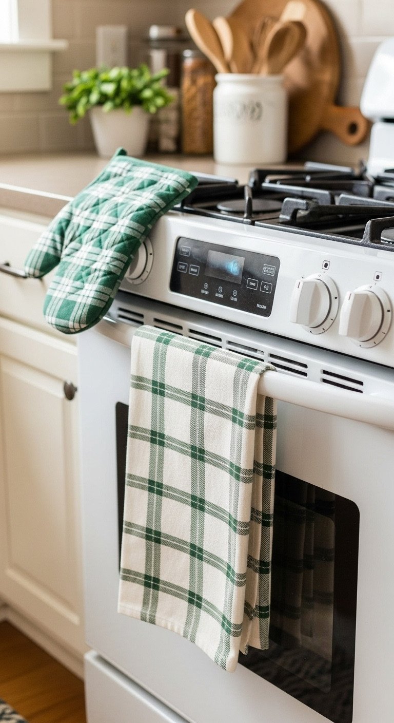 Green plaid dish towel on oven handle, matching oven mitt on counter. Cozy kitchen decor in soft natural light.