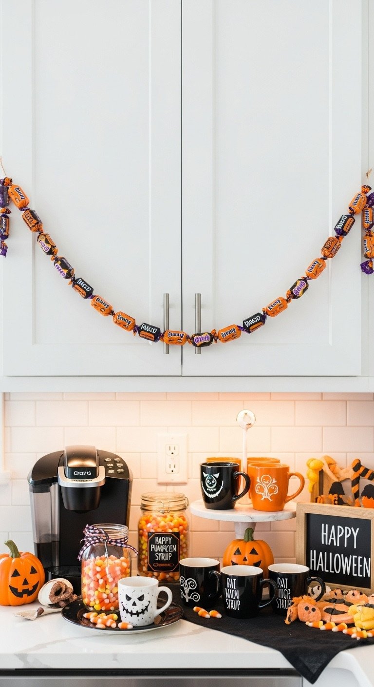Halloween candy garland hanging above a festive kitchen coffee bar with spooky mugs and pumpkin spice syrup