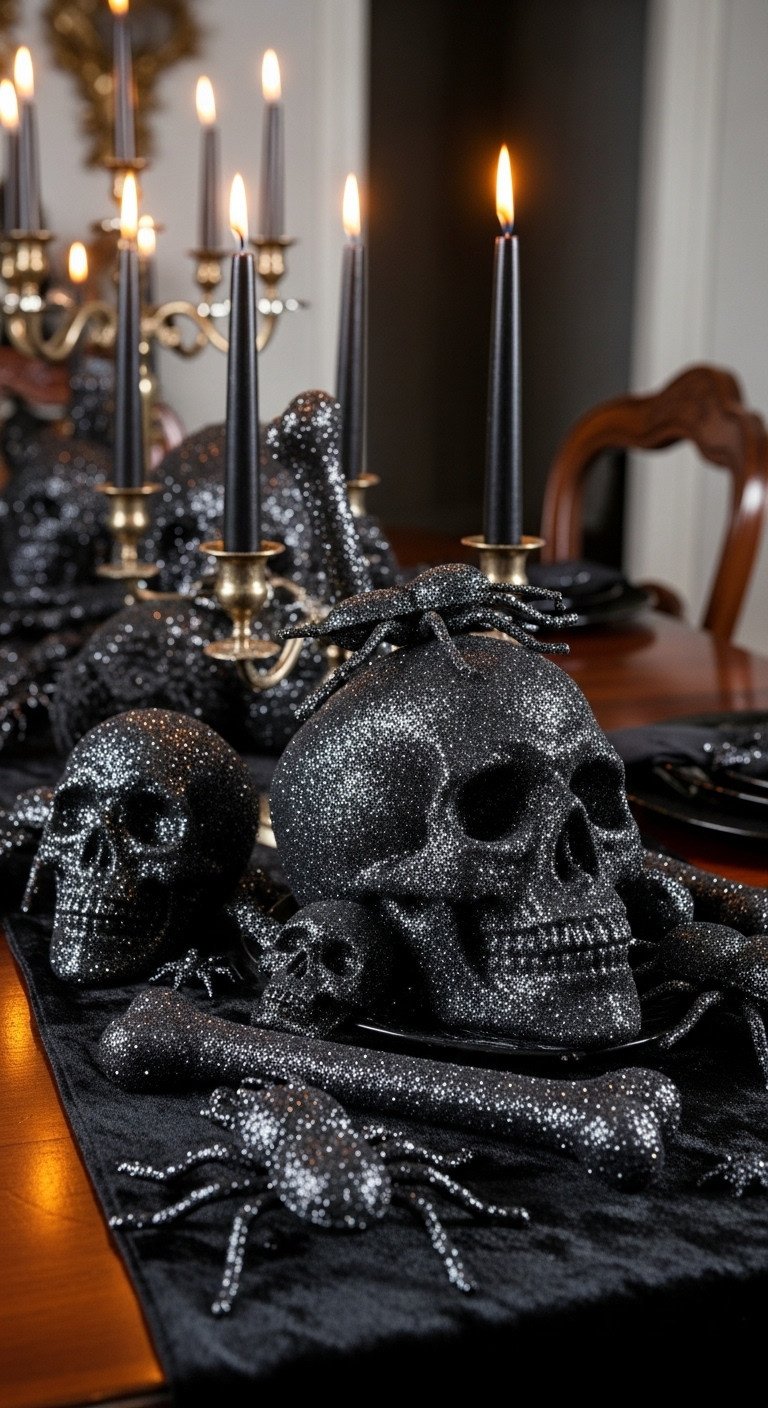 Halloween centerpiece with glittered skulls bones and bugs on a black velvet runner on a dark wood table with candelabras
