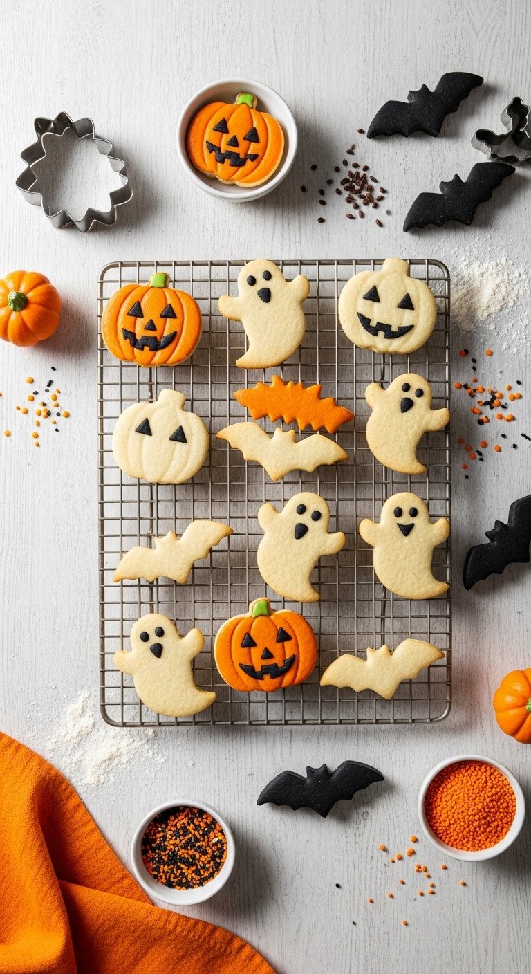 Halloween kitchen accessories ghost pumpkin bat sugar cookies on cooling rack
