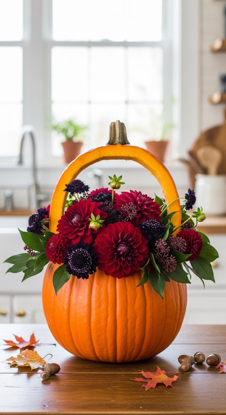 Halloween kitchen centerpiece with a carved pumpkin floral basket filled with dark blossoms on a rustic wooden table