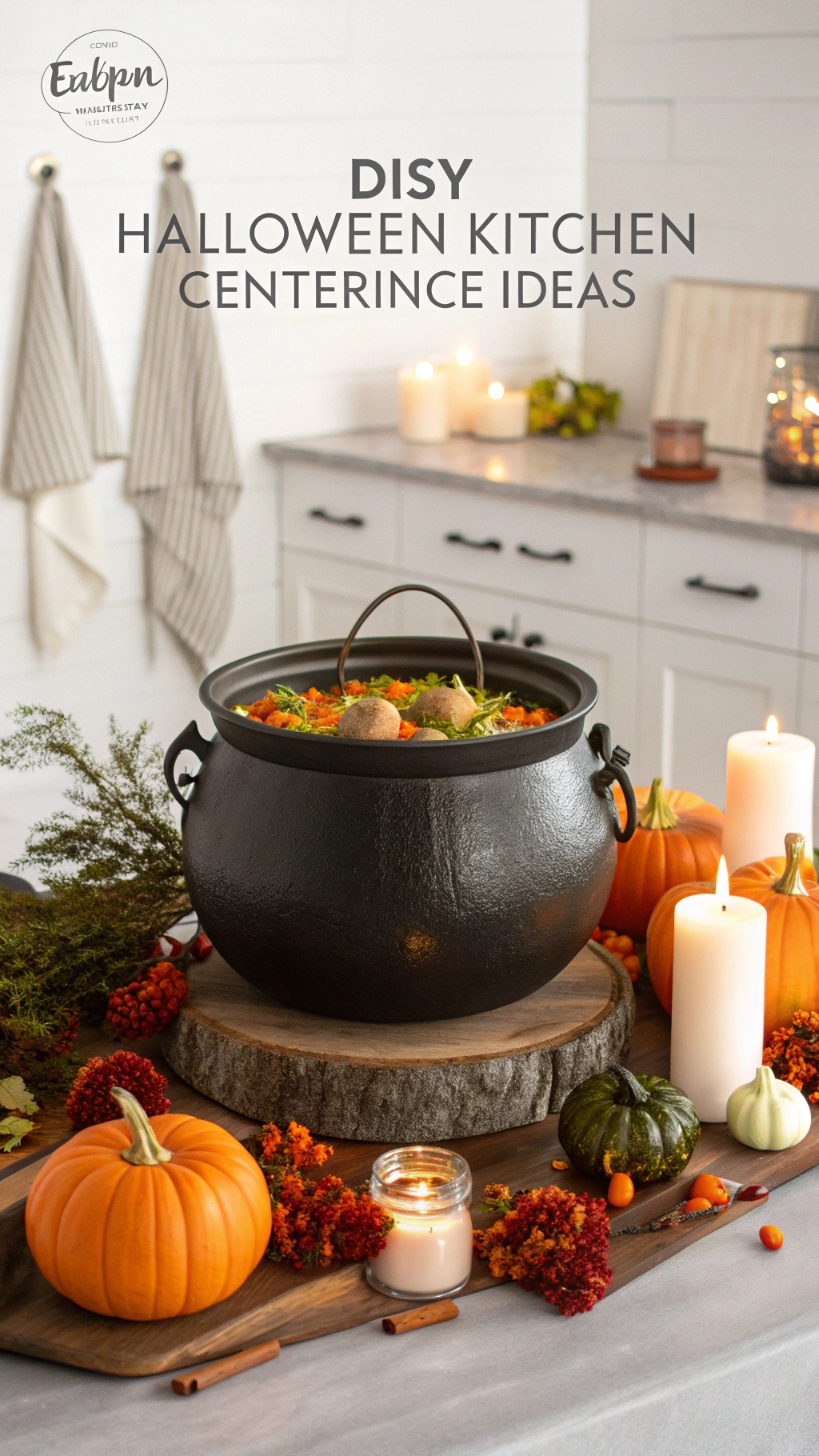 Halloween kitchen centerpiece with a cauldron overflowing with glittery stems a witch hat crow and LED candles on a butcher block island